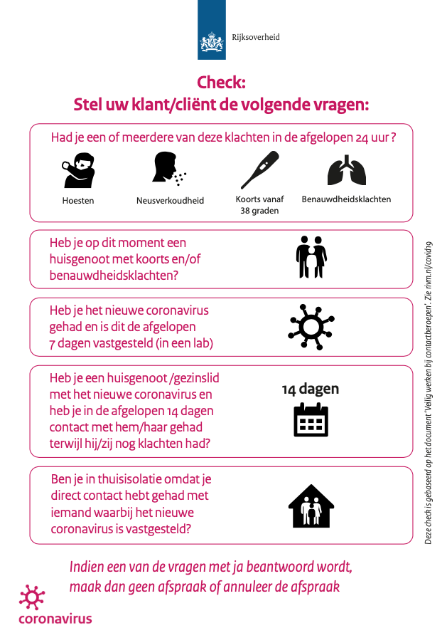 Hygiëneprotocol, Gezondheid check vragenlijst voor contactberoepen VisagieWorkshops.nl Hygiëneprotocol, gezondheidscheck vragenlijst rijksoverheid
